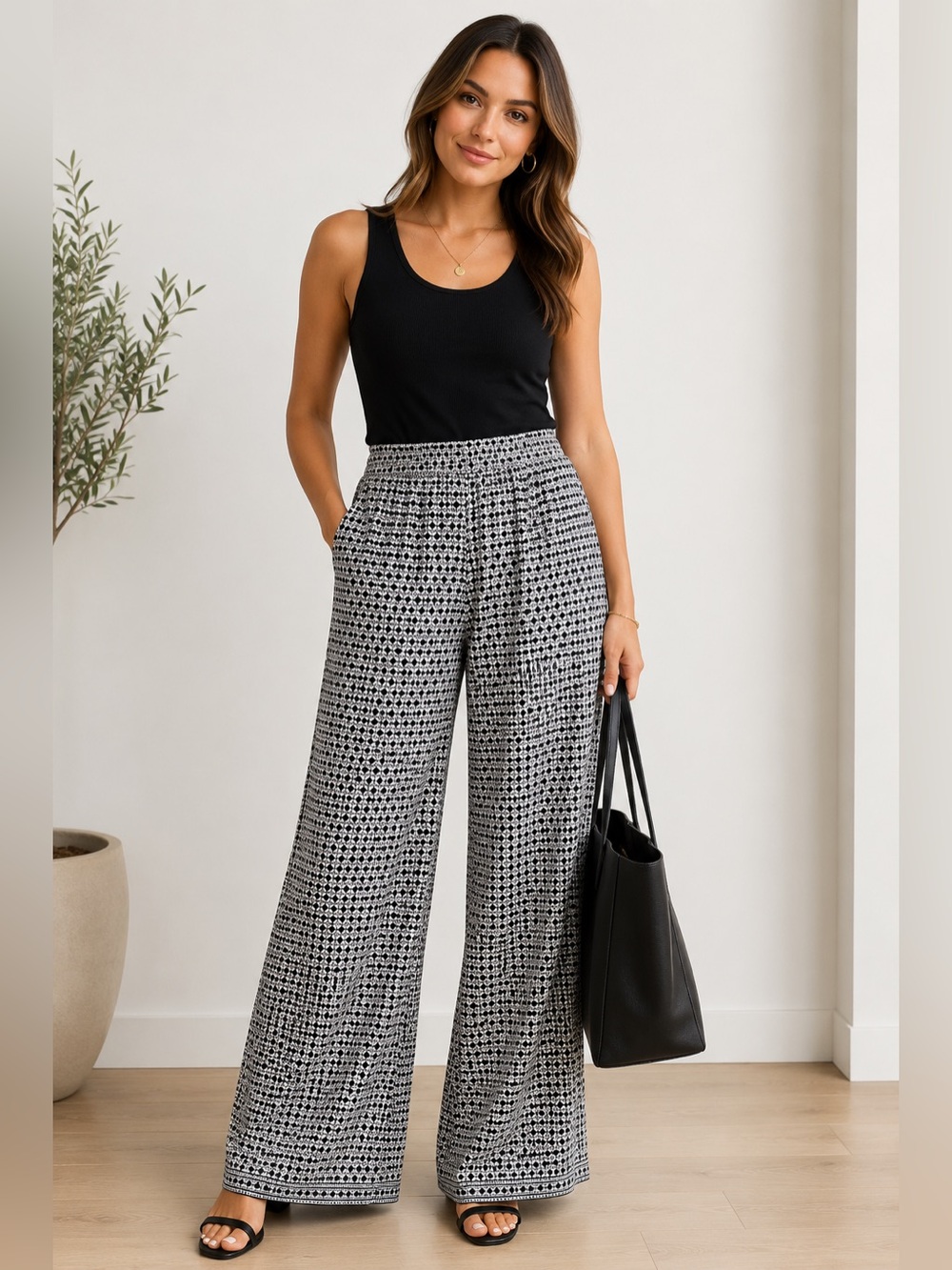 Max Studio London Black & White Wide-Leg Printed Palazzo Pants Size Medium